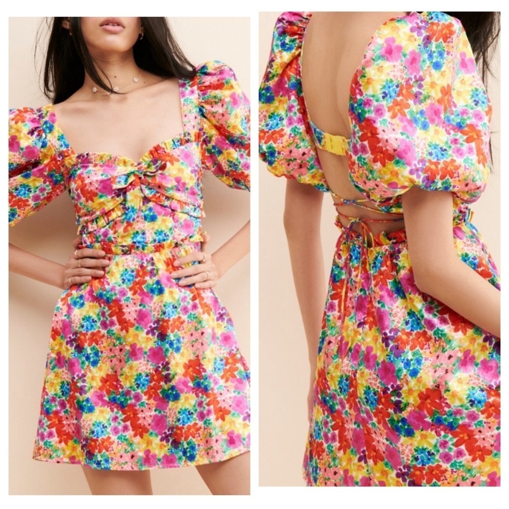New! For love and lemons Merrill puff sleeve floral mini dress 27807